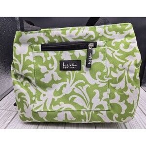 Nicole Miller Insulated Canvas Lunch Bag Green Damask Print Zippered Cooler Tote